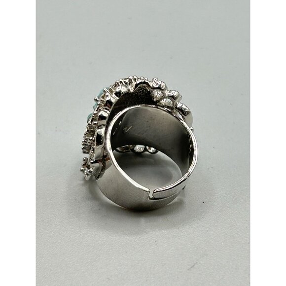 Blue Opalescent Rhinestones Ring Adjustable Silver Tone Wide Statement Jewelry - Picture 5 of 8